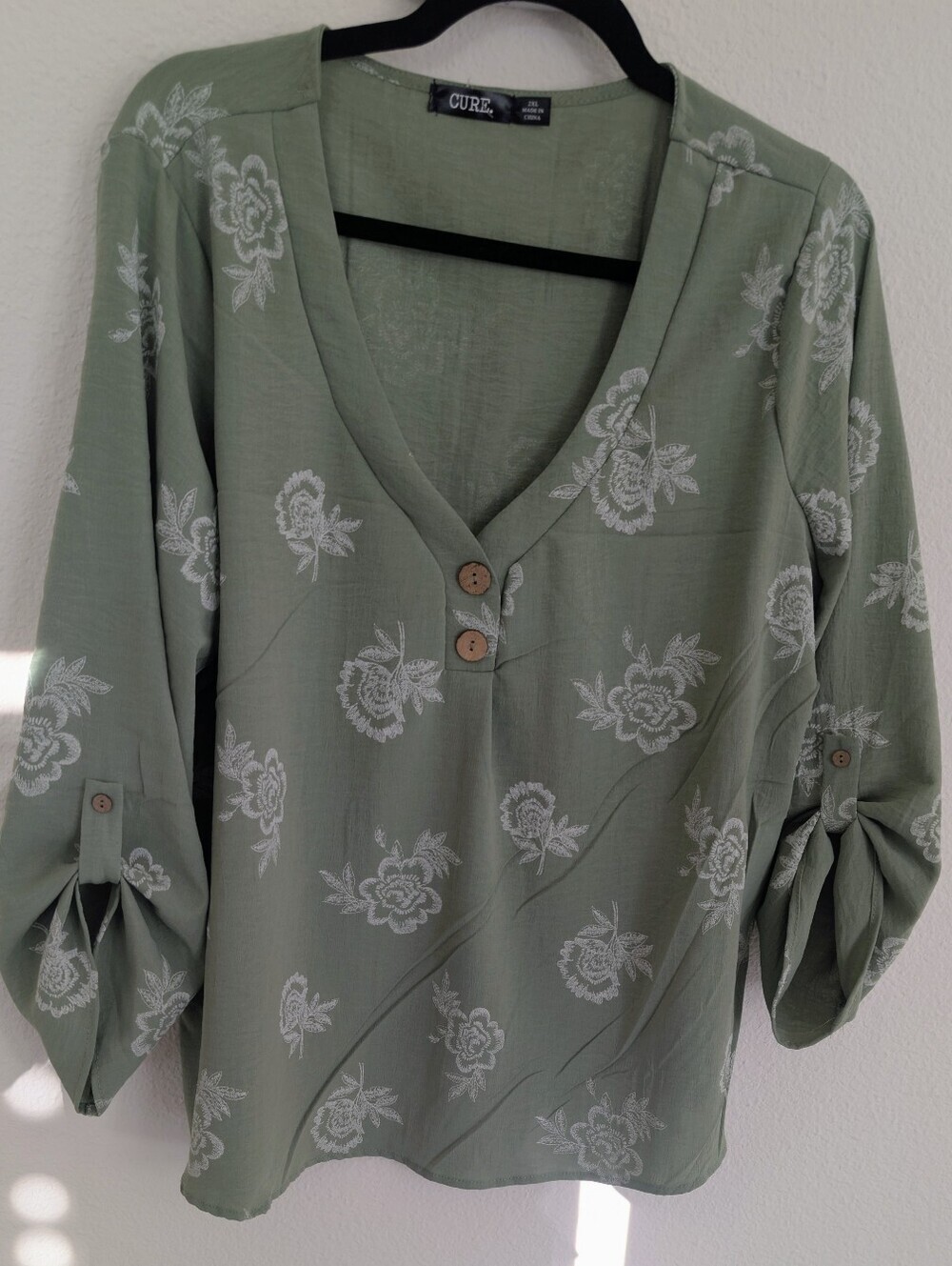 CURE Sage Green Floral V-Neck Button Blouse